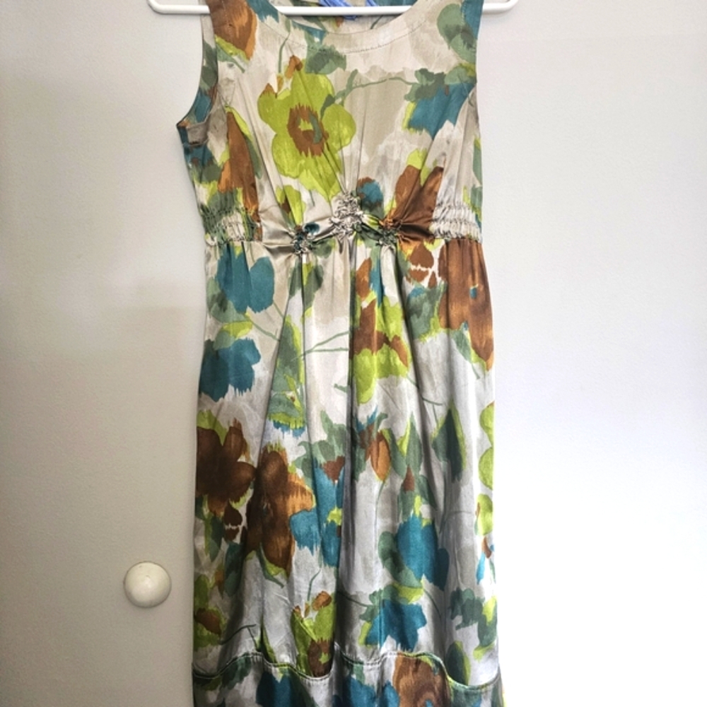 Simply Vera Vera Wang Green and Brown Floral Dress Cinched Waist Tie-back Sz 4